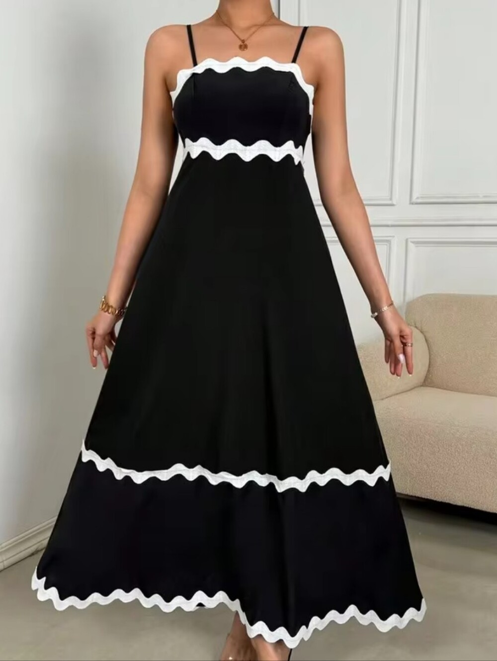 Petal & Pup Black Cotton Maxi Sun Dress with White Ric Rac Trim Spaghetti Straps - Picture 8 of 16